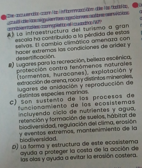 ' 
Dee cocouueenabbo coconn I bo i inffconnraacd cónn ablee I op tooldd by ,
a pouuádi labbe l acesssi iggui ieenntless cppacci iconneess ssoddonee sseenviici iaces
connridó ieenrttod leess coconnnpó estco esl I couuapathco I ??
A) La infraestructura del turismo à gran
escala ha contribuido a la pérdida de estas
selvas. El cambio climático amenaza con
hacer extremas las condiciones de aridez y
desertificación.
B) Lugares para la recreación, belleza escénica,
protección contra fenómenos naturales
(tormentas, huracanes), explotación y
extracción de arena, roca y distintos minerales,
lugares de anidación y reproducción de
distintas especies marinas.
c) Son sustento de los procesos de
funcionamiento de los ecosistemas
incluyendo ciclo de nutrientes y agua,
retención y formación de suelos, hábitat de
biodiversidad, regulación del clima, erosión
y eventos extremos, mantenimiento de la
biodiversidad.
D) La forma y estructura de este ecosistema
ayuda a proteger la costa de la acción de
las olas y ayuda a evitar la erosión costera.