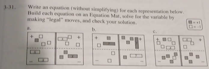 3-31. Write an equation (without simplifying) for each representation below. 
Build each equation on an Equation Mat, solve for the variable by 
making "legal” moves, and check your solution.
□ =+1
□ =-1
a . b. 
+ 
A +