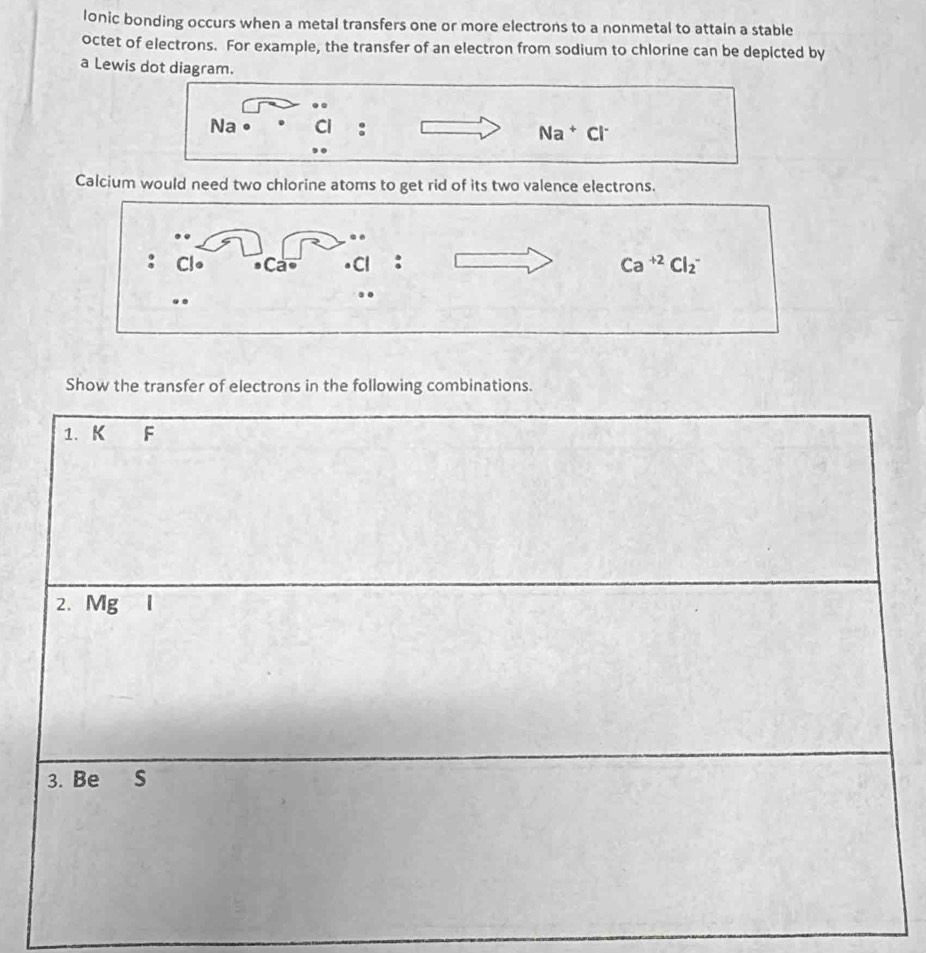 lonic bonding occurs when a metal transfers one or more electrons to a nonmetal to attain a stable 
octet of electrons. For example, the transfer of an electron from sodium to chlorine can be depicted by 
a Lewis dot diagram. 
Na 
: Na * Cl
Calcium would need two chlorine atoms to get rid of its two valence electrons. 
: Ca Cl : Ca^(+2)Cl_2^-.. 
Show the transfer oletrons in the following combinati