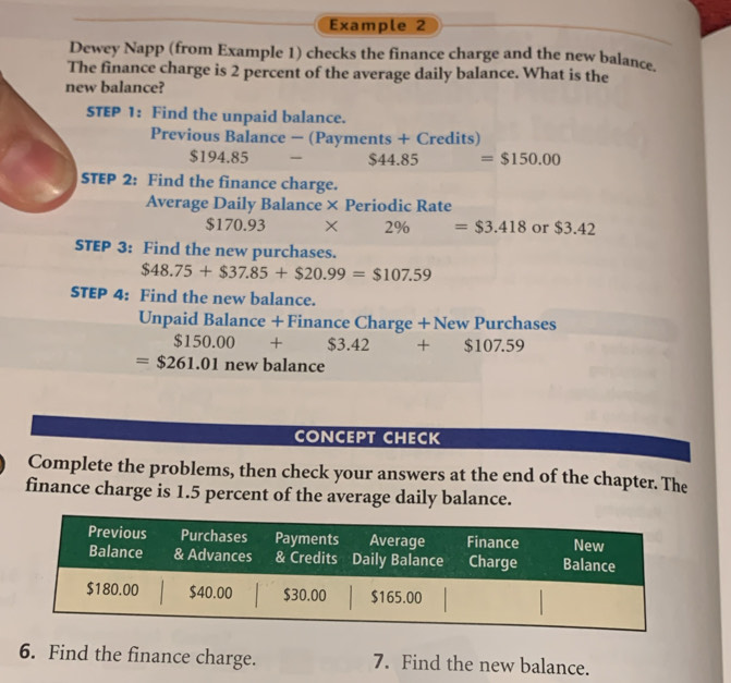 Example 2 
Dewey Napp (from Example 1) checks the finance charge and the new balance. 
The finance charge is 2 percent of the average daily balance. What is the 
new balance? 
STEP 1: Find the unpaid balance. 
Previous Balance - -(Payments+ Credits)
$194.85 $44.85 =$150.00
STEP 2: Find the finance charge. 
Average Daily Balance × Periodic Rate
$170.93 × 2% =$3.418or $3.42
STEP 3: Find the new purchases.
$48.75+$37.85+$20.99=$107.59
STEP 4: Find the new balance. 
Unpaid Balance + Finance Charge + New Purchases
$150.00+$3.42+$107.59
=$261.01 new balance 
CONCEPT CHECK 
Complete the problems, then check your answers at the end of the chapter. The 
finance charge is 1.5 percent of the average daily balance. 
6. Find the finance charge. 7. Find the new balance.