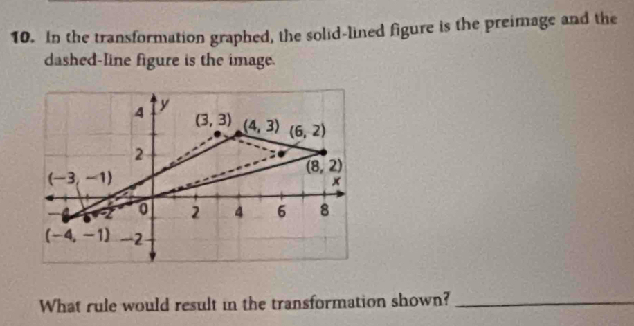 In the transformation graphed, the solid-lined figure is the preimage and the
dashed-Iine figure is the image.
What rule would result in the transformation shown?_