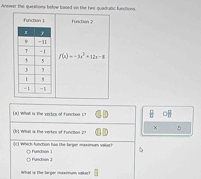 Answer the questions below based on the two quadratic functions.
Function 1 Function 2
f(x)=-3x^2+12x-8
(a) What is the vertex of Function 1?
 □ /□   □  □ /□   
×
(b) What is the vertex of Function 2?
(c) Which function has the larger maximum value?
Function 1
Function 2
What is the larger maximum value?