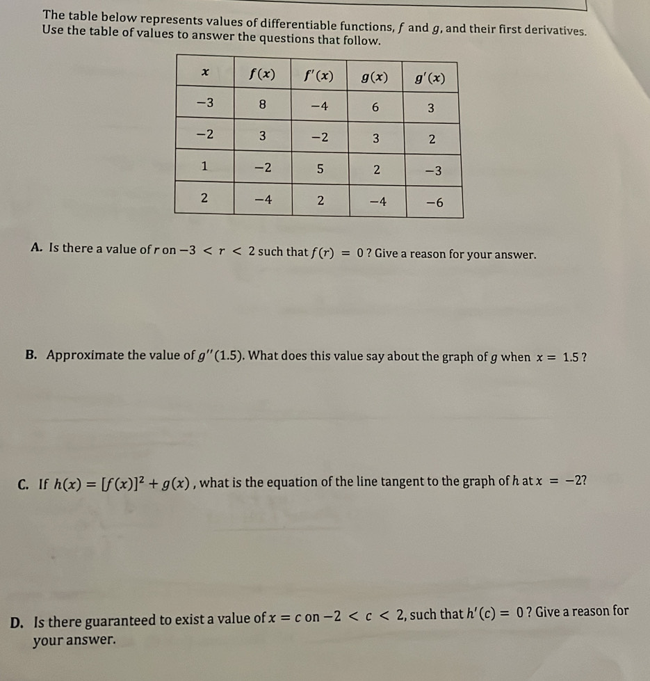 The table below represents values of differentiable functions, f and g, and their first derivatives.
Use the table of values to answer the questions that follow.
A. Is there a value of r on -3 such that f(r)=0 ? Give a reason for your answer.
B. Approximate the value of g''(1.5). What does this value say about the graph of g when x=1.5 ?
C. If h(x)=[f(x)]^2+g(x) , what is the equation of the line tangent to the graph of h at x=-2 2
D. Is there guaranteed to exist a value of x=c on -2 , such that h'(c)=0 ? Give a reason for
your answer.