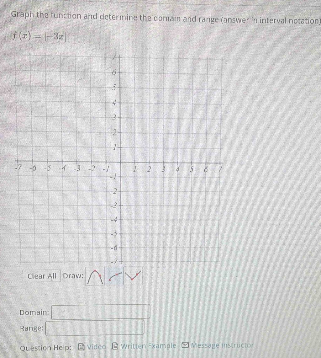 Graph the function and determine the domain and range (answer in interval notation)
f(x)=|-3x|
Clear All Draw: 
Domain: □ 
Range: □ 
Question Help: Video Written Example Message instructor