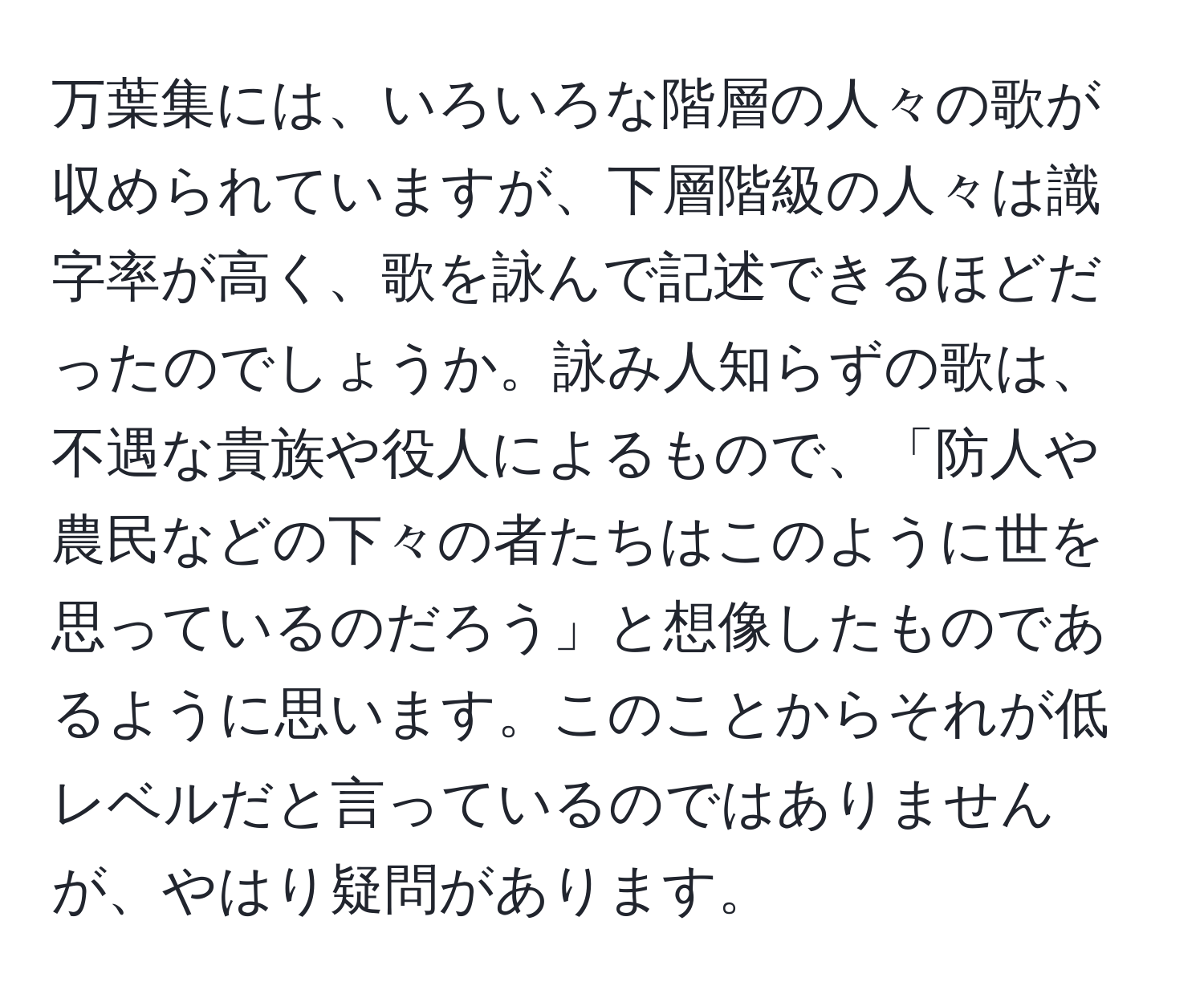 万葉集には、いろいろな階層の人々の歌が収められていますが、下層階級の人々は識字率が高く、歌を詠んで記述できるほどだったのでしょうか。詠み人知らずの歌は、不遇な貴族や役人によるもので、「防人や農民などの下々の者たちはこのように世を思っているのだろう」と想像したものであるように思います。このことからそれが低レベルだと言っているのではありませんが、やはり疑問があります。