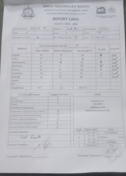 SINDH MADRESSAH BOARD 
PEDPLI('S SCHOOL PROGRAM (EAS) 
Haji Jabli Jokhio Goth Gadap Karachi 
REPORT CARD 
Session: 2074 - 2075 
Rating 
Excellent ( f ) Goed (G) 
Satisfactory (5) 
Neads improvement (N) 
Leanal 
Geads Marks B/W 90 - 100 Outstanding 
A
71 89 Exceent Good 
8 61 70
C 
Relow S0 51 60 Aversage Paor 
D 
Guardian's Signature_ Principal's Signature:_