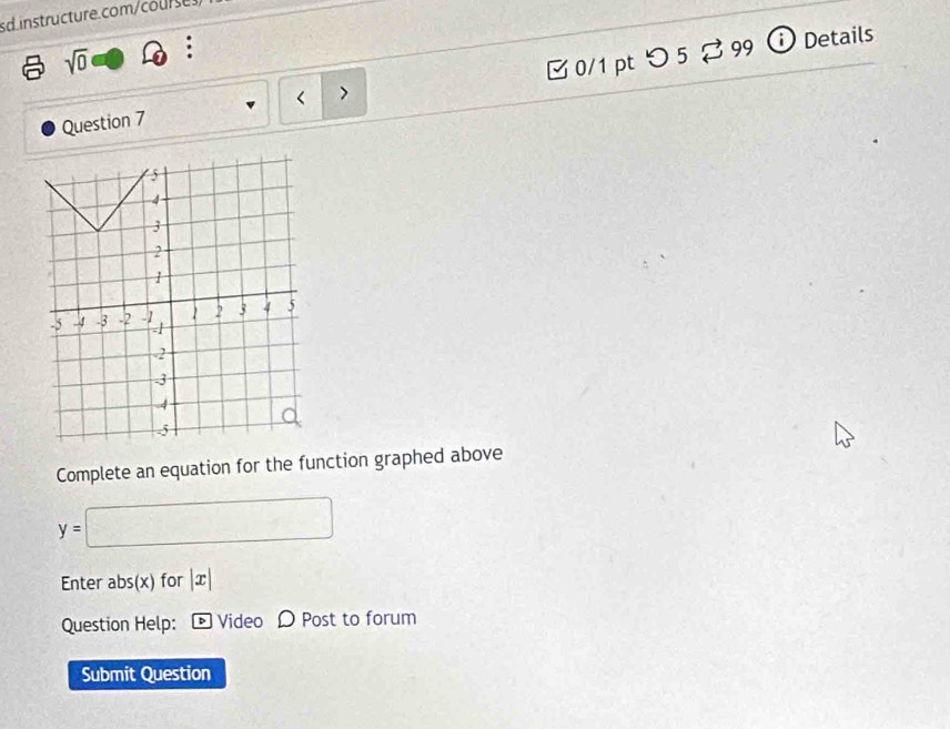 sd.instructure.com cou 
sqrt(0) : 
Question 7 < > 0/1 pt つ 5% 99 
Details 
Complete an equation for the function graphed above
y=□
Enter abs(x) for |x|
Question Help: D Video D Post to forum 
Submit Question