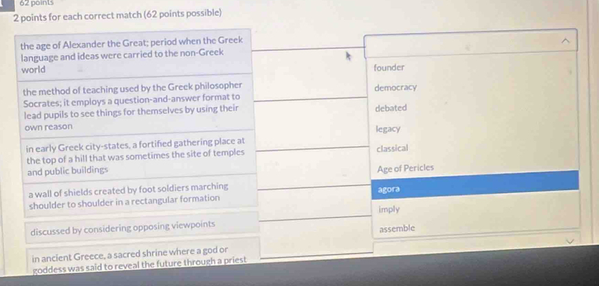 paints
2 points for each correct match (62 points possible)
the age of Alexander the Great; period when the Greek
language and ideas were carried to the non-Greek
world founder
the method of teaching used by the Greek philosopher democracy
Socrates; it employs a question-and-answer format to
lead pupils to see things for themselves by using their debated
own reason legacy
in early Greek city-states, a fortifed gathering place at
the top of a hill that was sometimes the site of temples classical
and public buildings
Age of Pericles
a wall of shields created by foot soldiers marching agora
shoulder to shoulder in a rectangular formation
imply
discussed by considering opposing viewpoints
assemble
in ancient Greece, a sacred shrine where a god or
goddess was said to reveal the future through a priest