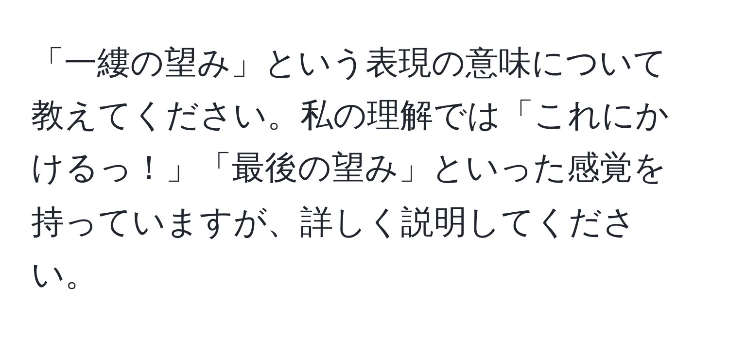 「一縷の望み」という表現の意味について教えてください。私の理解では「これにかけるっ！」「最後の望み」といった感覚を持っていますが、詳しく説明してください。