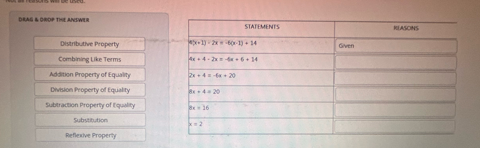 DRAG & DROP THE ANSWER
Distributive Property
Combining Like Terms
Addition Property of Equality
Division Property of Equality 
Subtraction Property of Equality
Substitution
Reflexive Property