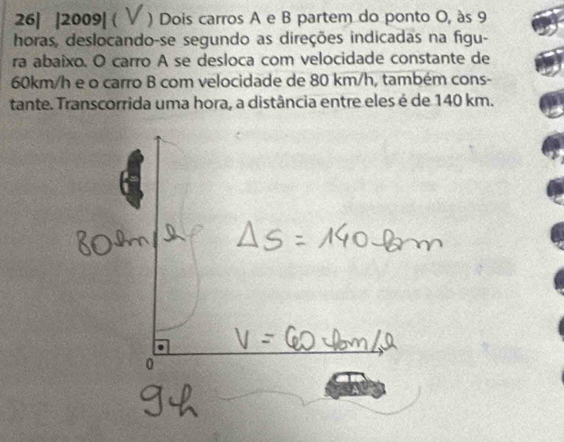 26| |2009| ( ) Dois carros A e B partem do ponto O, às 9 
horas, deslocando-se segundo as direções indicadas na figu- 
ra abaixo. O carro A se desloca com velocidade constante de
60km/h e o carro B com velocidade de 80 km/h, também cons- 
tante. Transcorrida uma hora, a distância entre eles é de 140 km. 
0