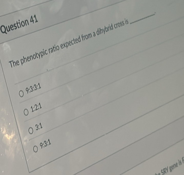 The phenotypic ratio expected from a dihybrid cross .
_
9:3:3:1
1:2:1
3:1
9:3:1
gene is