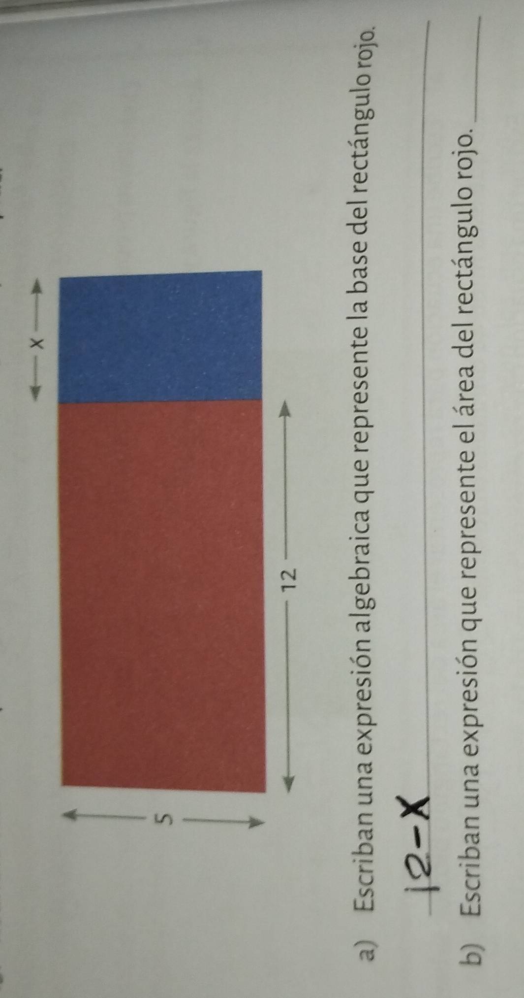 Escriban una expresión algebraica que represente la base del rectángulo rojo. 
_ 
b) Escriban una expresión que represente el área del rectángulo rojo._