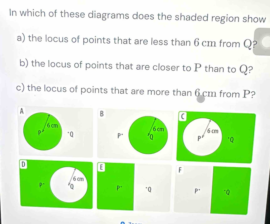 In which of these diagrams does the shaded region show 
a) the locus of points that are less than 6 cm from Q? 
b) the locus of points that are closer to P than to Q? 
c) the locus of points that are more than 6 cm from P? 
B 
a

6 cm
P p *Q
D 
E 
F
6 cm
p* Q
P. "Q
P. * Q