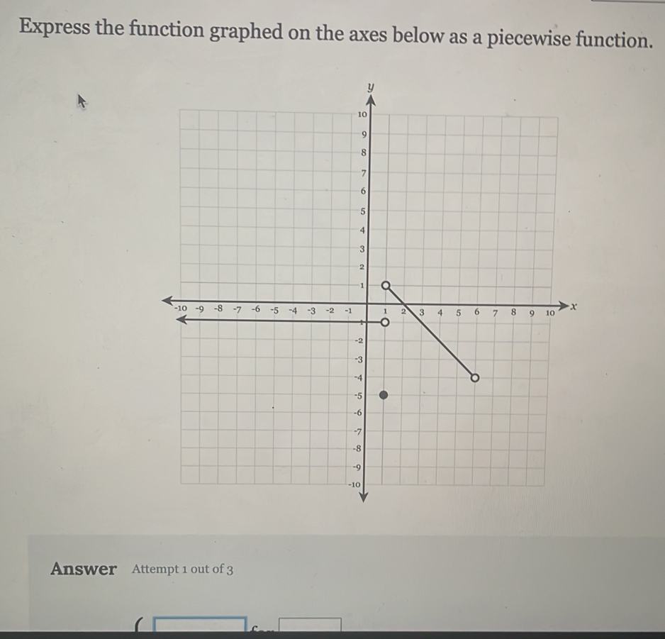 Express the function graphed on the axes below as a piecewise function. 
Answer Attempt 1 out of 3 
( 
□