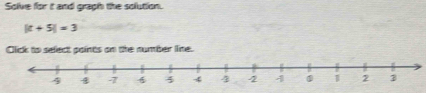 Solve for it and graph the solution.
|t+5|=3
Click to select points on the number line.