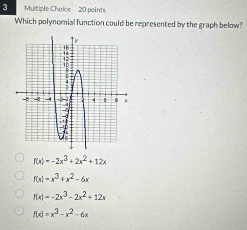 Which polynomial function could be represented by the graph below?
f(x)=-2x^3+2x^2+12x
f(x)=x^3+x^2-6x
f(x)=-2x^3-2x^2+12x
f(x)=x^3-x^2-6x