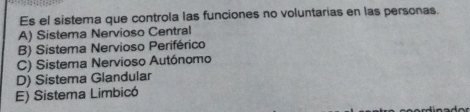 Es el sistema que controla las funciones no voluntarias en las personas.
A) Sistema Nervioso Central
B) Sistema Nervioso Periférico
C) Sistema Nervioso Autónomo
D) Sistema Glandular
E) Sistema Limbicó