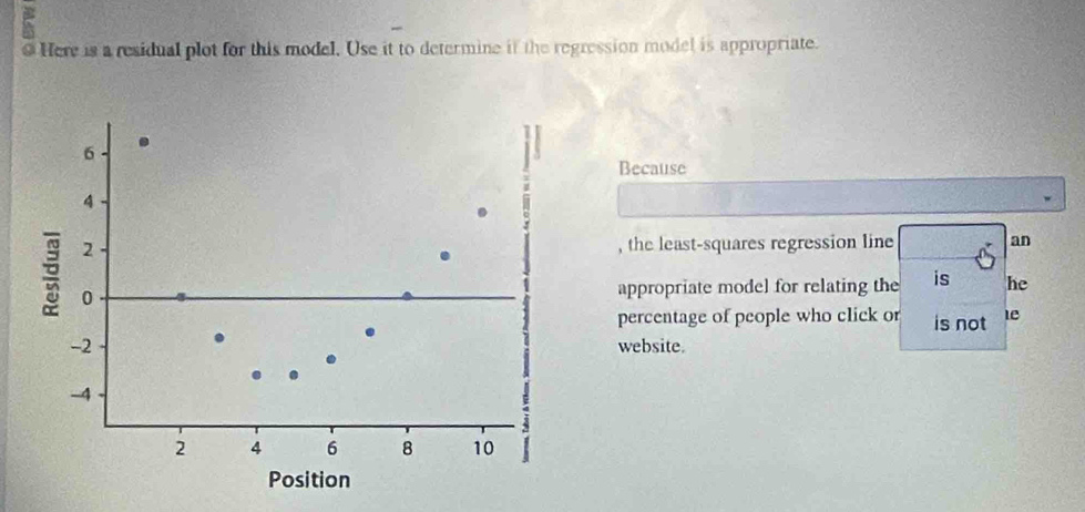 Here is a residual plot for this model. Use it to determine if the regression model is appropriate.
6. 
Because
4
2 , the least-squares regression line an
0 appropriate model for relating the is he 
percentage of people who click or is not le
-2 website.
-4
2 4 6 8 10
Position