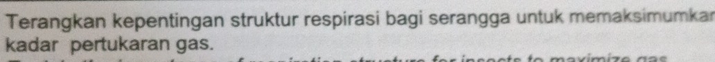 Terangkan kepentingan struktur respirasi bagi serangga untuk memaksimumkar 
kadar pertukaran gas. 
n