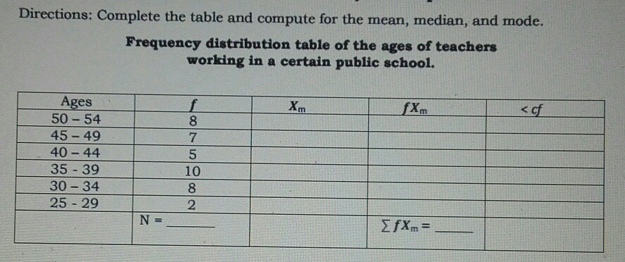 Solved: Directions: Complete the table and compute for the mean, median ...
