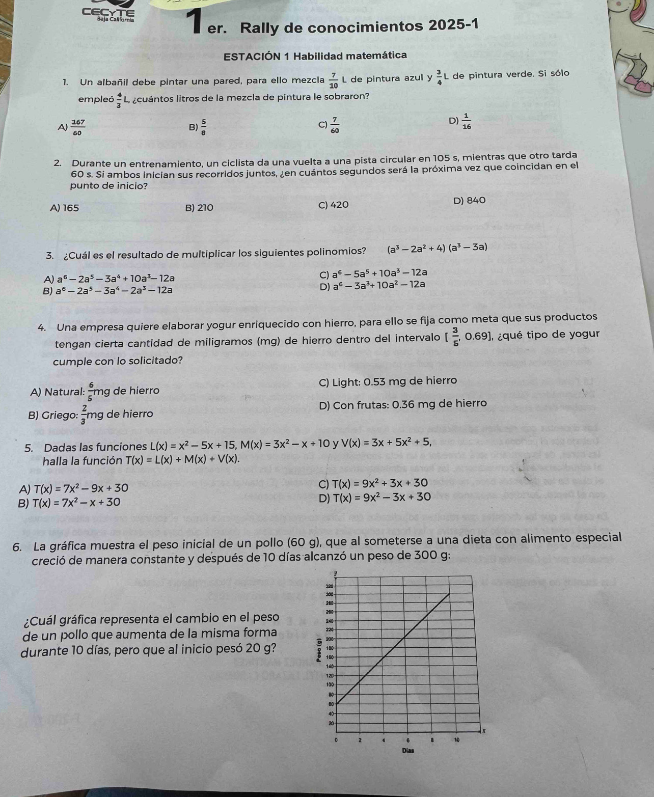 Celora 1 er. Rally de conocimientos 2025-1
ESTACIÓN 1 Habilidad matemática
1. Un albañil debe pintar una pared, para ello mezcla  7/10 L de pintura azul y  3/4 L. de pintura verde. Si sólo
empleó  4/3  L ¿cuántos litros de la mezcla de pintura le sobraron?
A)  167/60   5/8   7/60 
B)
C)
D)  1/16 
2. Durante un entrenamiento, un ciclista da una vuelta a una pista circular en 105 s, mientras que otro tarda
60 s. Si ambos inician sus recorridos juntos, ¿en cuántos segundos será la próxima vez que coincidan en el
punto de inicio?
A) 165 B) 210 C) 420 D) 840
3. ¿Cuál es el resultado de multiplicar los siguientes polinomios? (a^3-2a^2+4)(a^3-3a)
A) a^6-2a^5-3a^4+10a^3-12a C) a^6-5a^5+10a^3-12a
B) a^6-2a^5-3a^4-2a^3-12a
D) a^6-3a^3+10a^2-12a
4. Una empresa quiere elaborar yogur enriquecido con hierro, para ello se fija como meta que sus productos
tengan cierta cantidad de miligramos (mg) de hierro dentro del intervalo [ 3/5 ,0.69] I ¿qué tipo de yogur
cumple con lo solicitado?
A) Natural:  6/5 r mg de hierro
C) Light: 0.53 mg de hierro
B) Griego:  2/3 m g de hierro D) Con frutas: 0.36 mg de hierro
5. Dadas las funciones L(x)=x^2-5x+15,M(x)=3x^2-x+10 y V(x)=3x+5x^2+5,
halla la función T(x)=L(x)+M(x)+V(x).
A) T(x)=7x^2-9x+30 C) T(x)=9x^2+3x+30
B) T(x)=7x^2-x+30 D) T(x)=9x^2-3x+30
6. La gráfica muestra el peso inicial de un pollo (60 g), que al someterse a una dieta con alimento especial
creció de manera constante y después de 10 días alcanzó un peso de 300 g:
¿Cuál gráfica representa el cambio en el peso
de un pollo que aumenta de la misma forma 
durante 10 días, pero que al inicio pesó 20 g? 
Dias