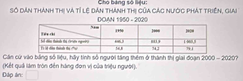 Cho bảng số liệu: 
Số DÃN THàNH THị Và Tỉ Lệ DẢn THàNH THị CủA CÁC NưỚC PHÁT TRIềN, GIAi 
ĐOAN 1950 - 2020 
Căn cứ vào bảng số liệu, hãy tính số người tăng thêm ở thành thị giai đoạn 2000 - 2020? 
(Kết quả làm tròn đến hàng đơn vị của triệu người). 
Đáp án: