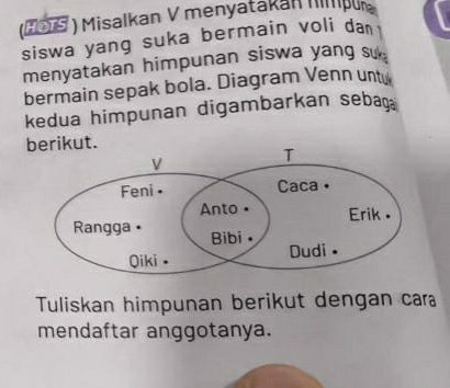 (201S ) Misalkan V menyatakan Iilo 
siswa yang suka bermain voli da 
menyatakan himpunan siswa yang su 
bermain sepak bola. Diagram Venn unt 
kedua himpunan digambarkan seba 
berikut. 
Tuliskan himpunan berikut dengan cara 
mendaftar anggotanya.