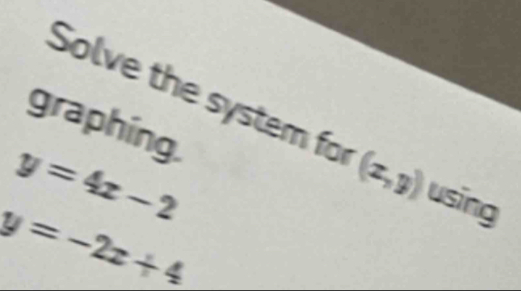 Solve the system for (x,y) using
graphíng.
y=4x-2
y=-2x+4