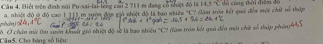 Biết trên đinh núi Pu-xai-lai-leng cao 2 711 m đang cổ nhiệt độ là 14.5°C thì cùng thời điễm đó 
a. nhiệt độ ở độ cao 1 1] 1 m sườn đón gió nhiệt độ là bao nhiêu°C ? làm tròn kết quả đến một chữ số thập 
phân) 
b. Ở chân núi 0m sườn khuất gió nhiệt độ sẽ là bao nhiêu°C ? (làm tròn kết quả đến một chữ số thập phần)44 
Câu5. Cho bảng số liệu: