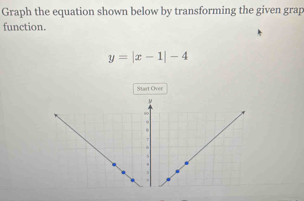 Graph the equation shown below by transforming the given grap 
function.
y=|x-1|-4
Start Over