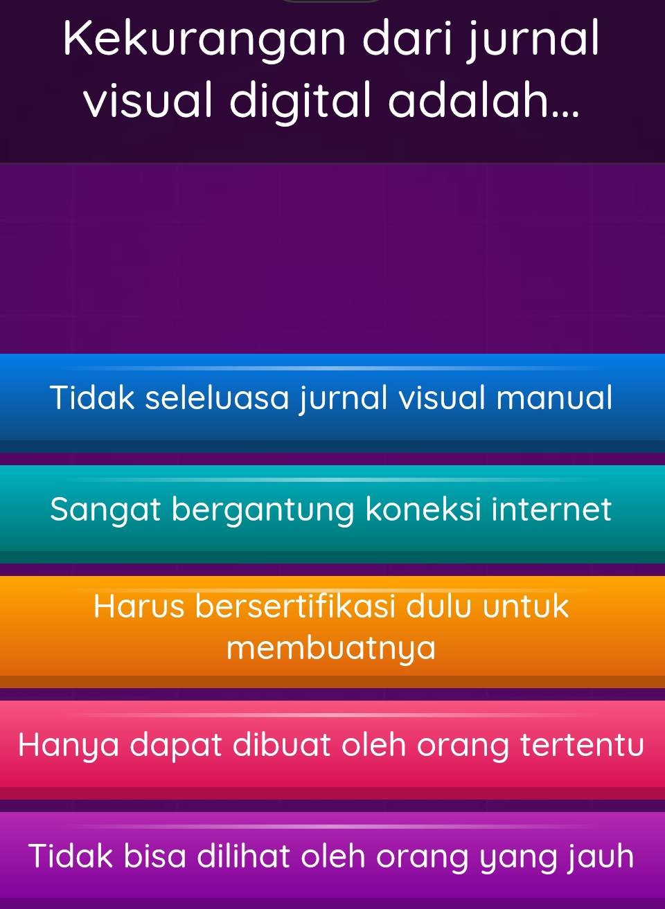 Kekurangan dari jurnal
visual digital adalah...
Tidak seleluasa jurnal visual manual
Sangat bergantung koneksi internet
Harus bersertifikasi dulu untuk
membuatnya
Hanya dapat dibuat oleh orang tertentu
Tidak bisa dilihat oleh orang yang jauh