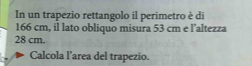 In un trapezio rettangolo il perimetro è di
166 cm, il lato obliquo misura 53 cm e l’altezza
28 cm. 
Calcola l’area del trapezio.