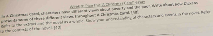 Week 9: Plan this ‘A Christmas Carol’ essay 
In A Christmas Carol, characters have different views about poverty and the poor. Write about how Dickens 
presents some of these different views throughout A Christmas Carol. [40] 
Refer to the extract and the novel as a whole. Show your understanding of characters and events in the novel. Refer 
to the contexts of the novel. [40]