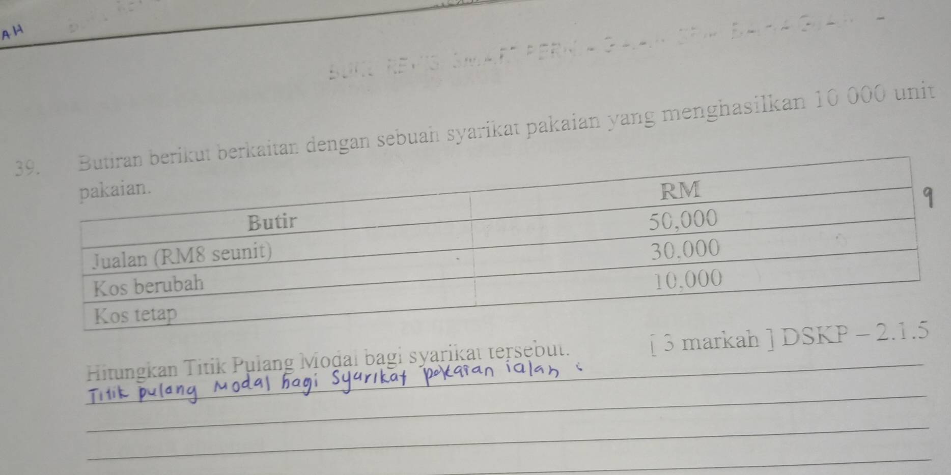 A1ª 
itan dengan sebuah syarikat pakaian yang menghasilkan 10 000 unit 
_ 
Hitungkan Titik Pulang Moḍal bagi syarikat tersębut. [ 3 mar 
_ 
_ 
_