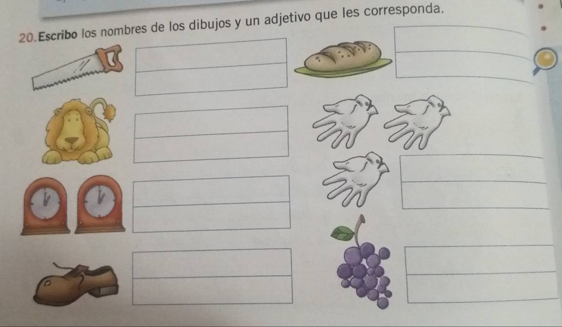 Escribo los nombres de los dibujos y un adjetivo que les corresponda. 
V