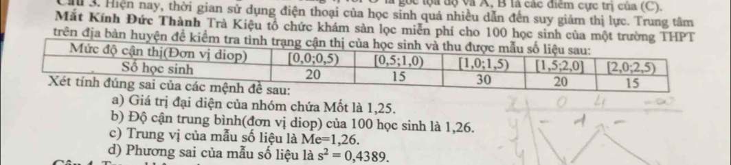 là gọc tộa độ và A, B là các điểm cực trị của (C).
3. Hiện nay, thời gian sử dụng điện thoại của học sinh quá nhiều dẫn đến suy giảm thị lực. Trung tâm
Mắt Kính Đức Thành Trà Kiệu tổ chức khám sản lọc miễn phí cho 100 học sinh của một trường THPT
trên địa bàn huyện đề kiểm tra tỉnh trạng cận
a) Giá trị đại diện của nhóm chứa Mốt là 1,25.
b) Độ cận trung bình(đơn vị diop) của 100 học sinh là 1,26.
c) Trung vị của mẫu số liệu là Me=1,26.
d) Phương sai của mẫu số liệu là s^2=0,4389.