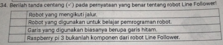 Berilah tanda centang (✓) pada pernyataan yang benar tentang robot Line Follower!