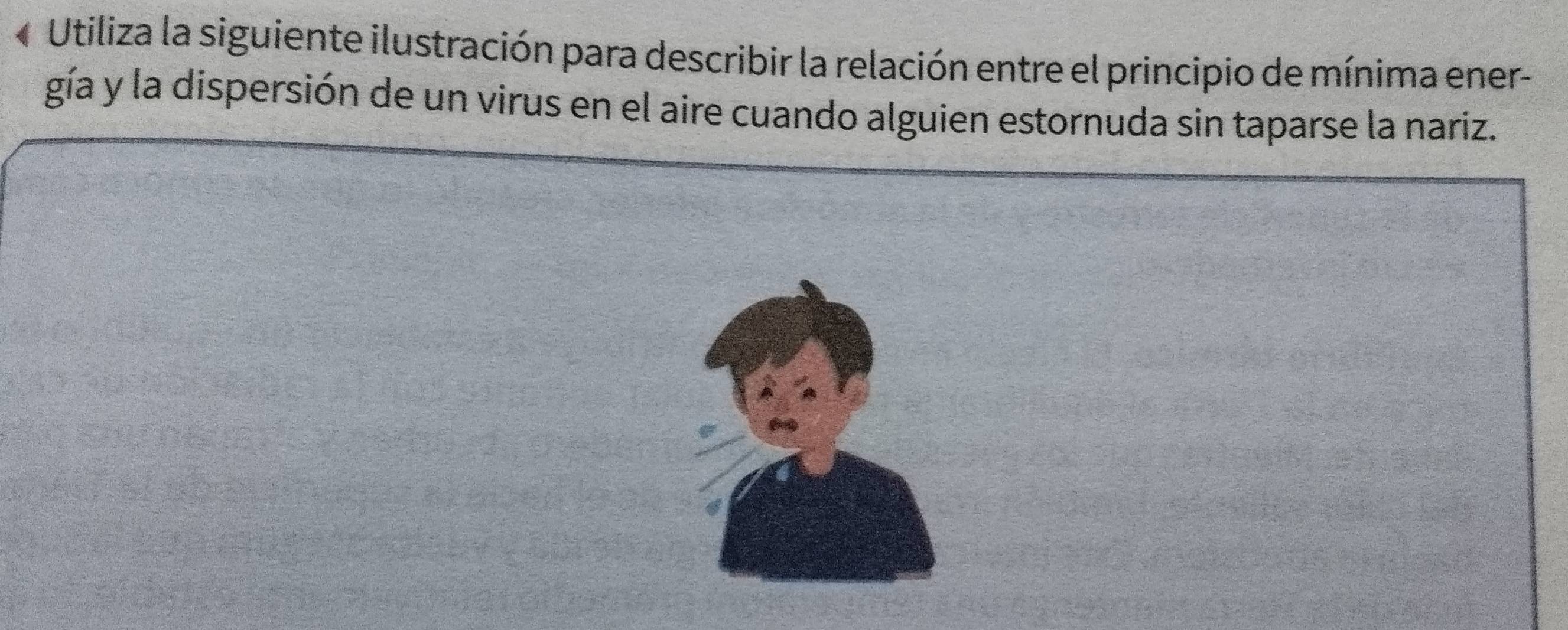 Utiliza la siguiente ilustración para describir la relación entre el principio de mínima ener- 
gía y la dispersión de un virus en el aire cuando alguien estornuda sin taparse la nariz.