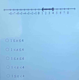 1≤ x≤ 4
1
1≤ x≤ 6
1
1≤ x<4</tex>