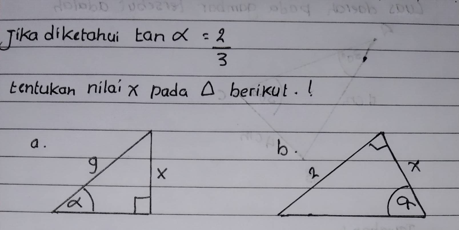 Jika diketohui
tan alpha = 2/3 
tentukan nilai x pada D berikut. ! 
a.