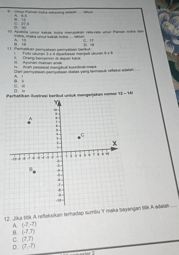 Umur Paman indra sekarang adalah .... tahun
A. 6.5
B. 12
C. 27, 5
D. 30
10. Apabila umur kakak Indra merupakan rata-rata umur Paman Indra dan
Indra, maka umur kakak Indra .... tahun
A. 15 C. 17
B. 16 D. 18
11. Perhatikan pernyataan-pernyataan berikut :
i. Foto ukuran 3* 4 diperbesar menjadi ukuran 6* 8
ii. Orang bercermin di depan kaca
iii. Ayunan mainan anak
iv. Arah pesawat mengikuti koordinat maps
Dari pernyataan-pernyataan diatas yang termasuk refleksi adalah ....
A. i
B. ⅱ
C. i
D. iv
Perhatikan ilustrasi berikut untuk mengerjakan nomor 12-14!
12. Jika titik A refleksikan terhadap sumbu Y maka ban titik A adalah ....
A. (-7,-7)
B. (-7,7)
C. (7,7)
D. (7,-7)
acter 2