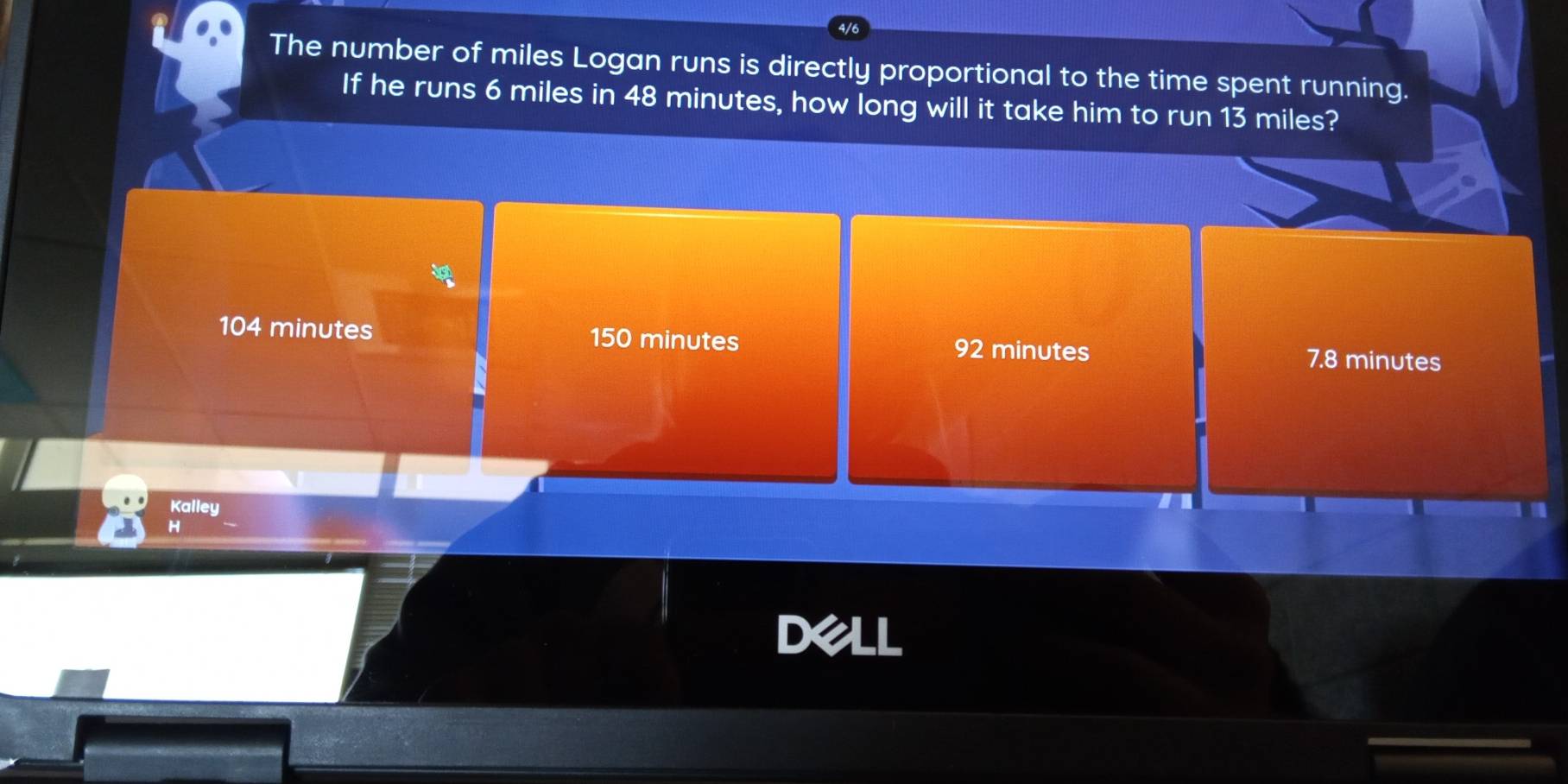 The number of miles Logan runs is directly proportional to the time spent running.
If he runs 6 miles in 48 minutes, how long will it take him to run 13 miles?
104 minutes 150 minutes 92 minutes 7.8 minutes
Kalley
dell