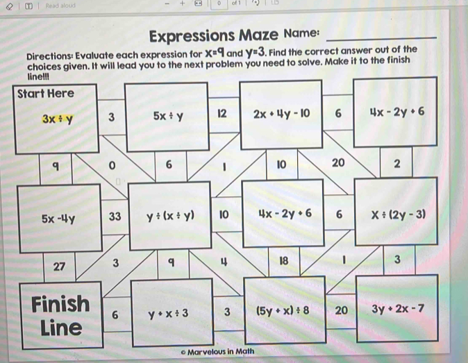 Read aloud 0 of 1 
Expressions Maze Name:_ 
Directions: Evaluate each expression for x=9 and y=3. Find the correct answer out of the 
choices given. It will lead you to the next problem you need to solve. Make it to the finish 
line!!! 
Start Here
3x/ y 3 5x/ y 12 2x+4y-10 6 4x-2y+6
q 0 6 1 10 20 2
5x-4y 33 y/ (x/ y) 10 4x-2y+6 6 X/ (2y-3)
27 3 q 4 18 1 3
Finish 6 y+x/ 3 3 (5y+x)/ 8 20 3y+2x-7
Line 
Marvelous in Math