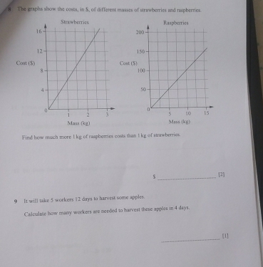 The graphs show the costs, in S, of different masses of strawberries and raspherries 
Cost (Cost (5) 
Mass (kg) 
Mass (kg) 
Find how much more l kg of raspberries costs than t kg of strawberries 
_ 
[2] 
9 It will take 5 workers 12 days to harvest some apples. 
Calculate how many workers are needed to harvest these apples in 4 days. 
_ 
[1]