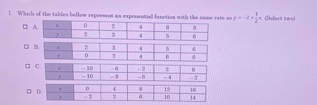 Which of the tables bellow represent an exponential function with the same rate as y=-2+ 1/2 x. (Select two)