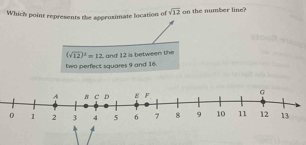 Which point represents the approximate location of sqrt(12) on the number line?
(sqrt(12))^2=12 , and 12 is between the
two perfect squares 9 and 16.