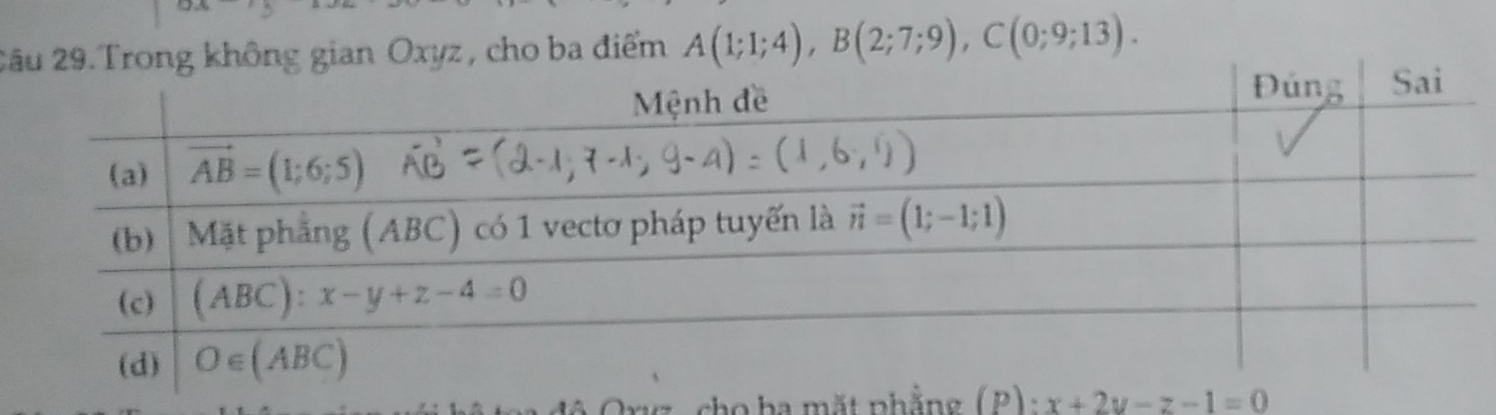 2âz, cho ba điểm A(1;1;4),B(2;7;9),C(0;9;13).
cho ba mặt phẳng ( P ) :x+2y-z-1=0