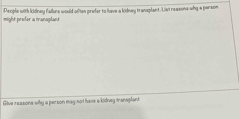 People with kidney failure would often prefer to have a kidney transplant. List reasons why a person 
might prefer a transplant 
Give reasons why a person may not have a kidney transplant