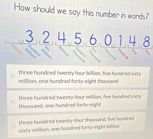 How should we say this number in words?
3, 24, 5, 60, 14, 8
three hundred twenty four billion, five hundred sixty
million, one hundred forty-eight thousand
three hundred twenty-four million, five hundred sixty
thousand, one hundred forty-eight
three hundred twenty-four thousand, five hundred
sixty million, one hundred forty-eight billion